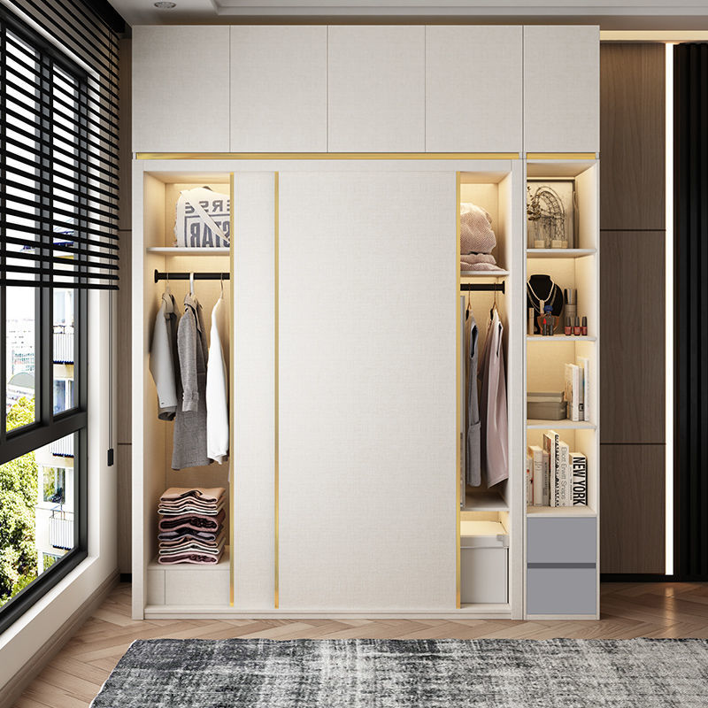 健優美推拉門衣柜白色現代簡約小戶型家用臥室北歐整體移滑門衣櫥