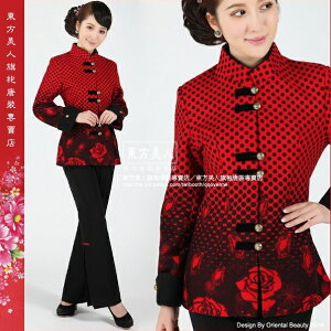 【單一尺寸特價-台灣出貨】中國風精緻毛呢短版大衣唐裝外套 唐風中式女服飾。點點玫瑰(紅色) 💮東方美人💮