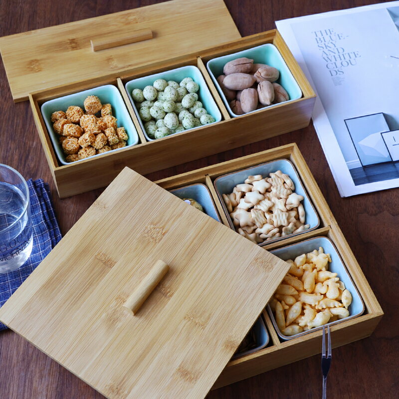 龍泉青瓷竹木干果盤帶蓋分格客廳家用堅果瓜子零食糖果盒收納創意