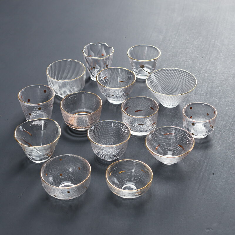 玻璃杯功夫茶杯錘紋品茗杯主人碗日式耐熱水晶透明茶具描金小單杯