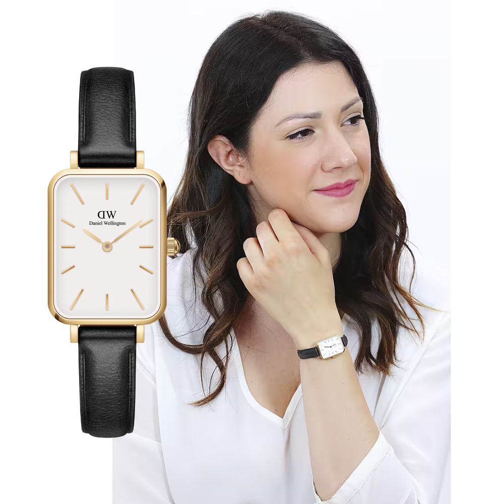 送禮首選★Daniel Wellington DW 手錶 Quadro Sheffield 經典黑真皮皮革小方錶-白錶盤-香檳金框  DW00100559    【全館滿額折價★APP下單點數4倍送】線上購買享_實體門市同步服務