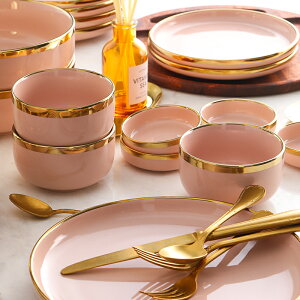 朵頤MT粉色金邊碗單個菜盤餐盤大碗湯勺陶瓷小蝶盤湯碗大號家用1入