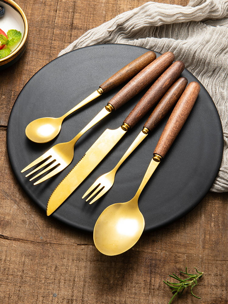 不銹鋼刀叉勺西餐餐具牛排刀叉三件套家用日式櫸木柄咖啡勺水果叉