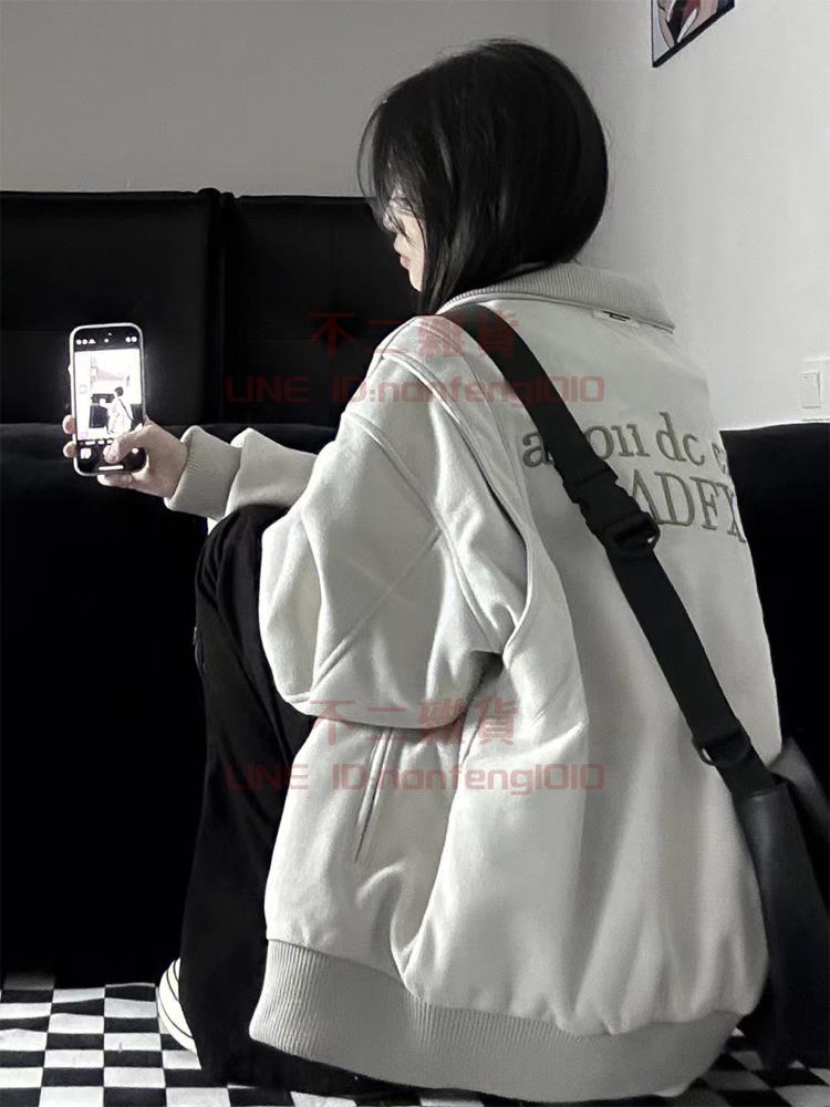 外套 美式復古oversize夾克 女秋冬季夾棉加厚設計感棒球服【不二雜貨】