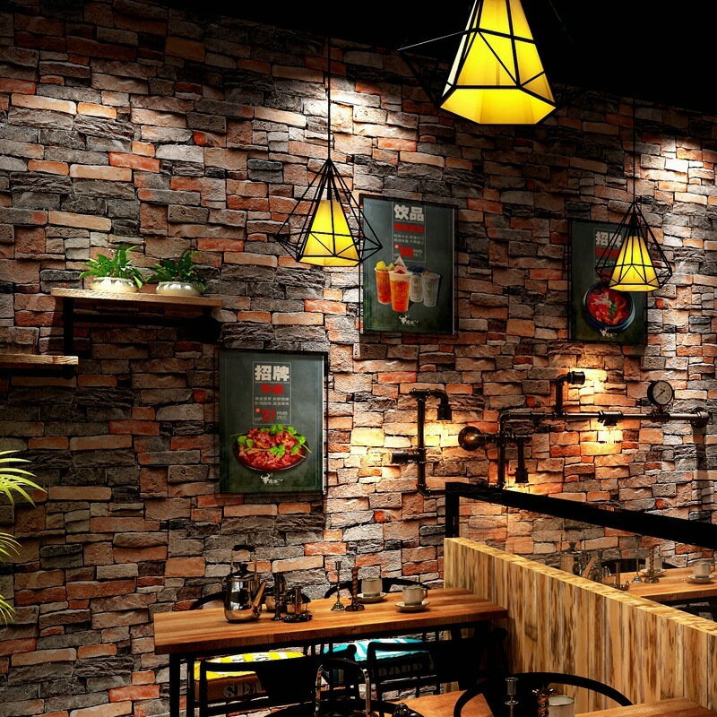 複古懷舊3D立體仿磚紋磚塊磚頭墻紙咖啡吧餐廳文化石紅磚壁紙