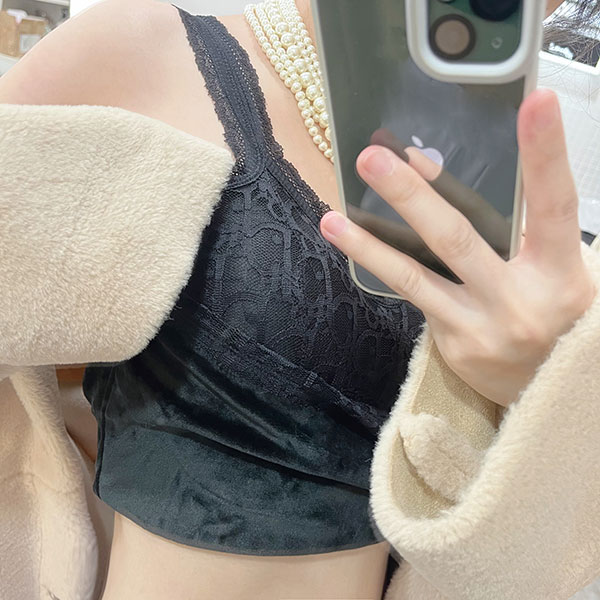 ANNAS 韓國水貂絨蕾絲背心 胸墊罩杯 打底衫 蕾絲肩帶 刷毛加絨 保暖內搭衣 發熱衣小可愛 2