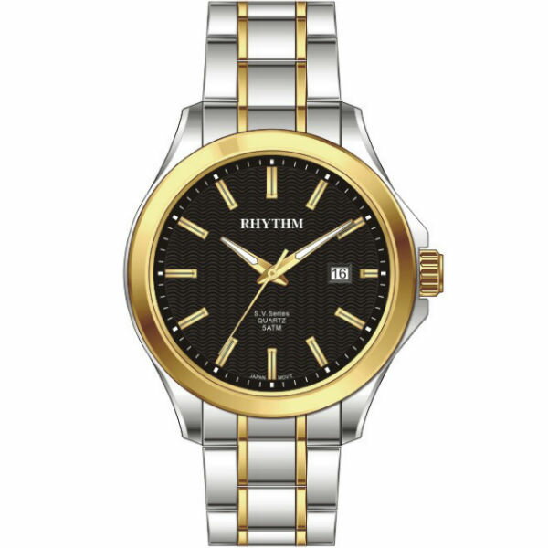 Rhythm 日本麗聲鐘時針 大眾系列波形紋路流行腕錶 (GS1609S04) 黑金x銀 / 24mm｜樂天全館特惠中★指定刷卡回饋10%