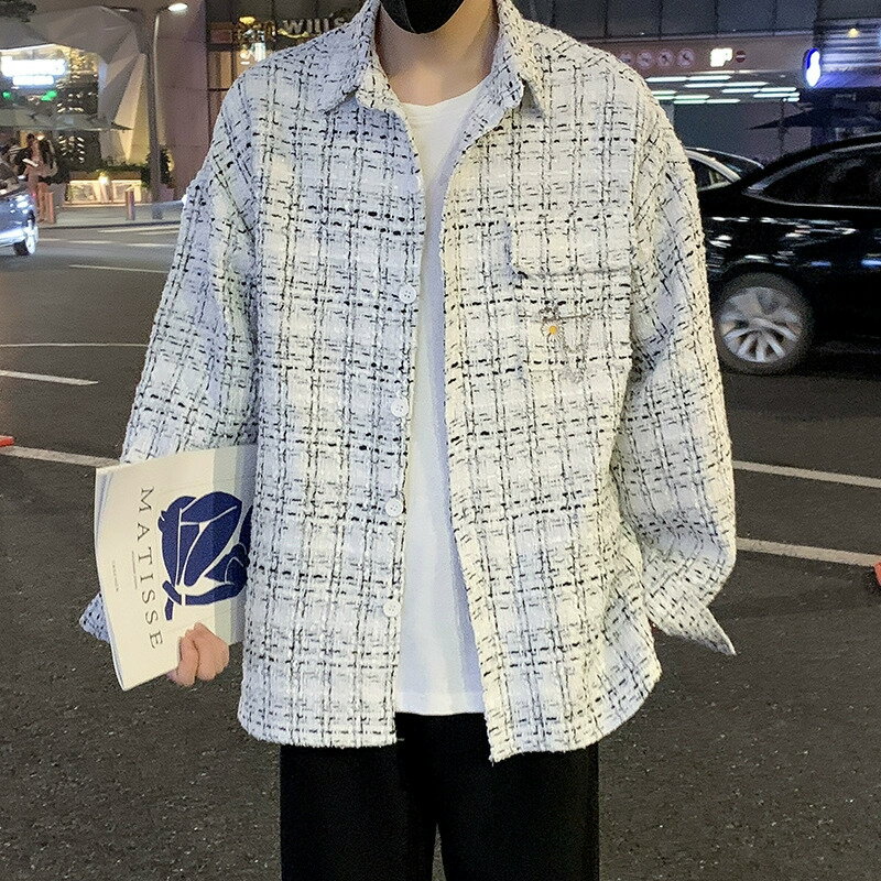 小香風外套男 長袖襯衫薄款格子上衣 潮牌襯衣【淘夢屋】
