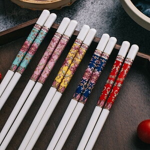 包郵粉色琺瑯彩骨質陶瓷筷子家用防滑餐具情侶日式家庭裝健康衛生