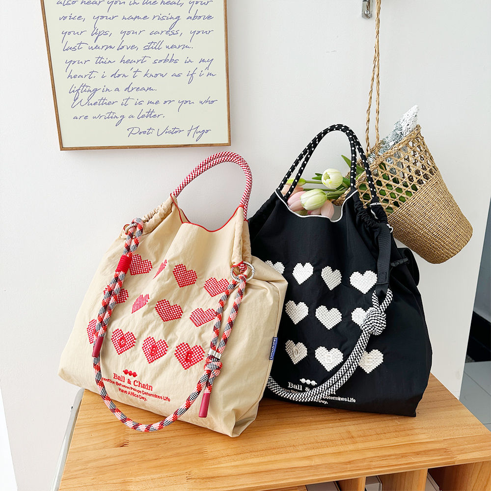 【良品舎】免運/快速出貨/【繡花元素】日系小眾ball刺繡環保布袋大容量新款尼龍手提包購物袋學生單肩包L47L