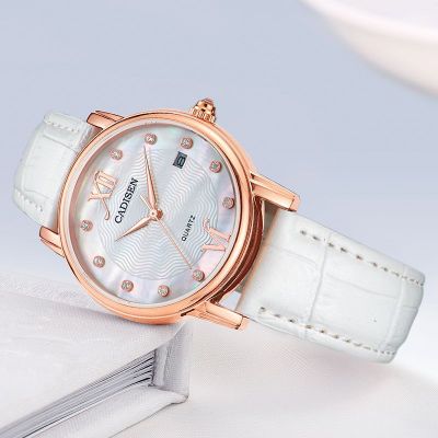 美琪 (簡約時尚)단순한簡約貝母面藍寶石보석玻璃石英錶真皮防水手錶