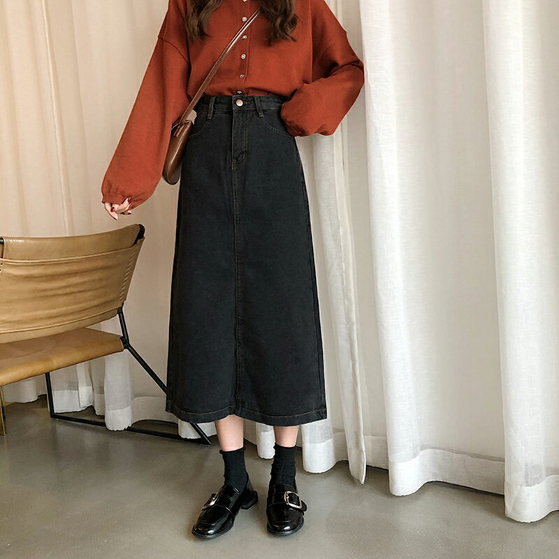 韓風ins百搭顯瘦開叉牛仔裙女春季新款高腰中長款學生A字半身裙女1入