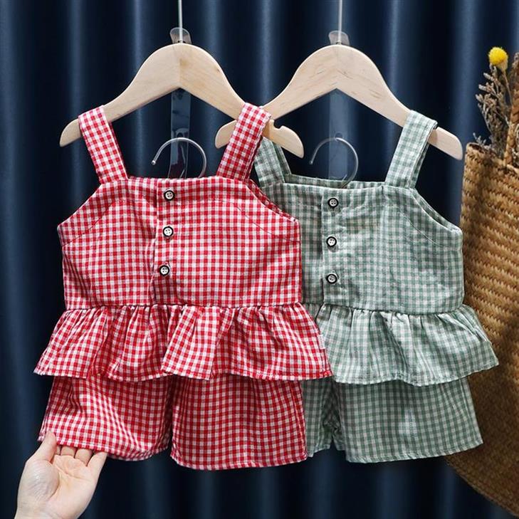 女童兩件套夏季新款寶寶洋氣時尚吊帶娃娃衫兒童純棉格子短褲套裝