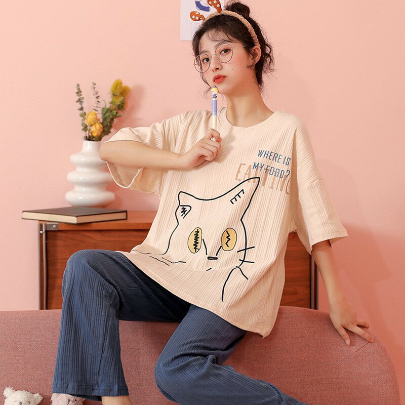 睡衣女棉質夏季薄款短袖長褲圓領可愛少女韓版寬松夏天家居服套裝
