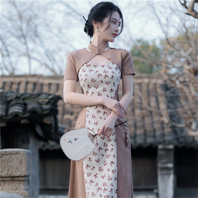 新中式國風高級感小洋裝套裝夏改良旗袍年輕款少女初戀碎花連衣裙