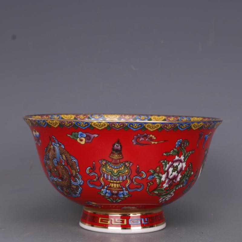 清乾隆粉彩描金紅地八寶花紋碗仿古工藝品瓷器家居擺件古玩收藏1入