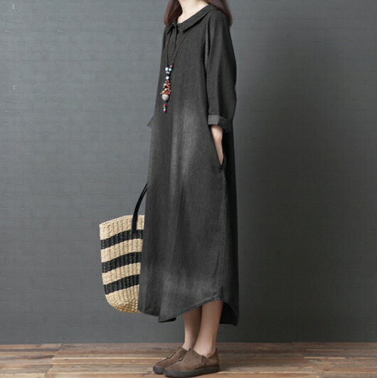 韓版女裝 牛仔連衣裙 連身裙 女裙 外出洋裝 長版 襯衫領 櫻桃嚴選 3