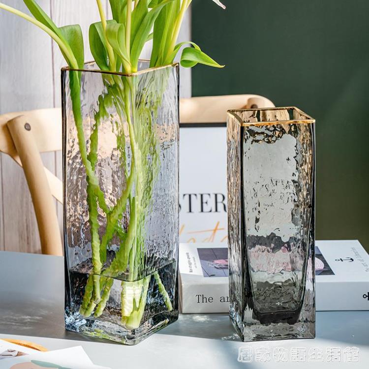 歐式輕奢描金玻璃花瓶透明方口創意水培植物鮮花插花瓶家用擺件【摩可美家】