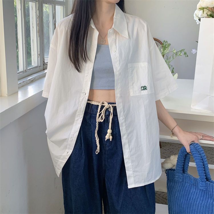 FUXI 短袖襯衫外套女 襯衣外套 中長款外搭 防曬外套 白色上衣 薄外套 翻領襯衫外套 女裝 衣服