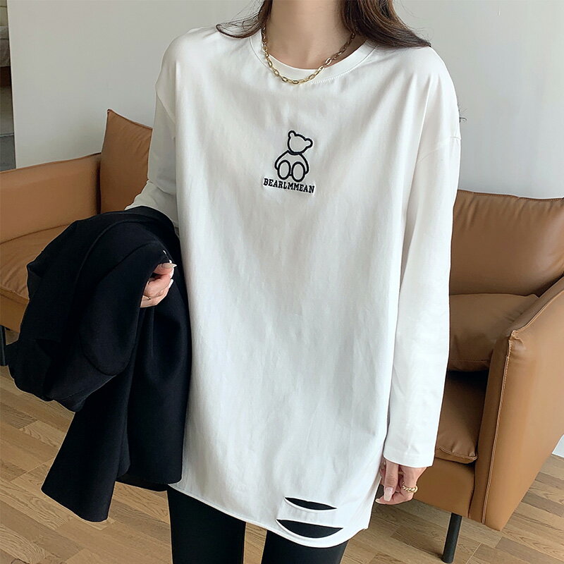 白色打底衫女內搭春裝新款純棉長袖t恤女中長款小熊刺繡上衣