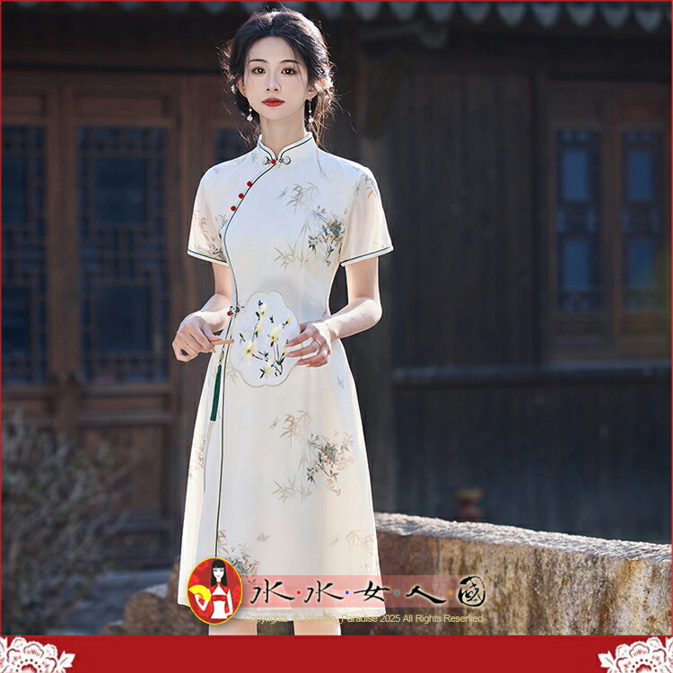優雅印花奧黛旗袍女新中式復古風春夏新款年輕款改良A字擺裙中長洋裝日常可穿-芳枝(米色)-水水女人國