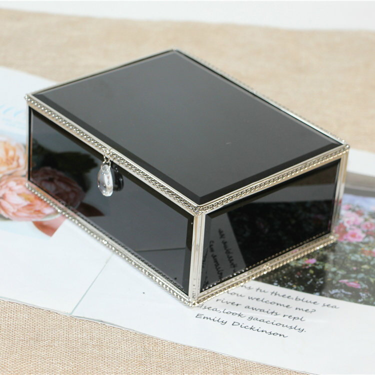 歐式方形玻璃首飾盒擺件創意軟裝陳設黑色公主珠寶盒禮品展示盒