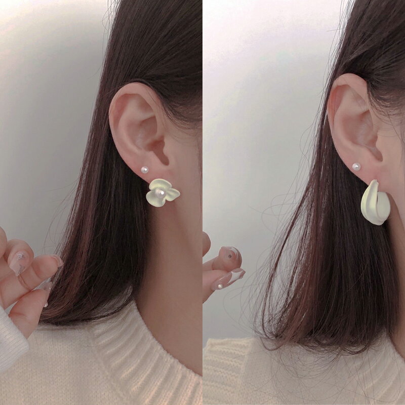 超仙奶白色耳釘~ins珍珠花朵簡約百搭耳環女韓國高級感耳圈耳飾品