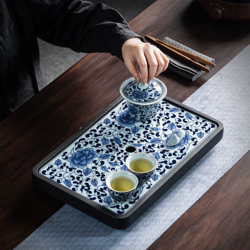 日式干泡茶臺小型烏金石茶盤家用儲水排水石頭茶具青花托盤