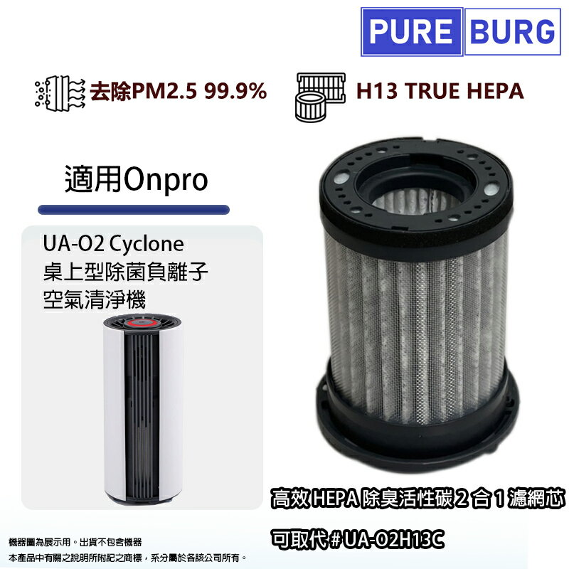 適用Onpro UA-O2 Cyclone桌上型除菌負離子空氣清淨機高效2合1活性碳+HEPA空氣濾網濾芯 UA-O2H13C