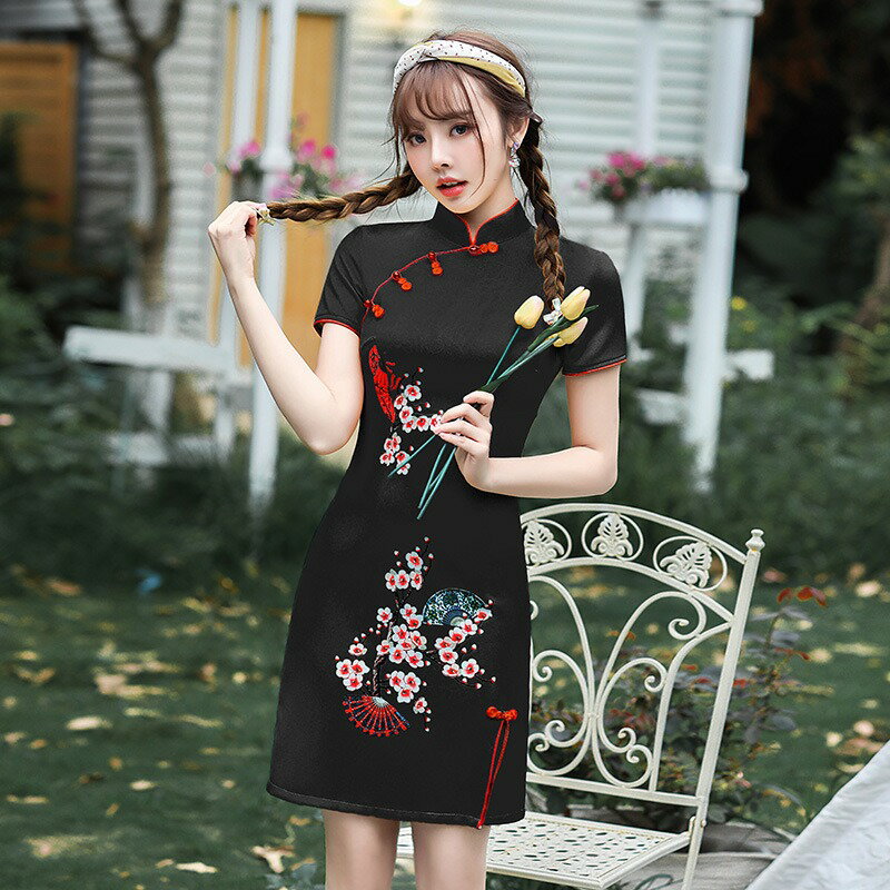 現貨快速出貨｜中國風少女款四面弹印花日常連身裙洋裝 ｜黑色｜水水女人國