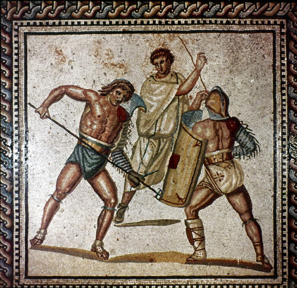 posterazzi-roman-gladiators-nroman-mosaic-of-a-gladiatorial-combat-poster-print-by-24-x-36