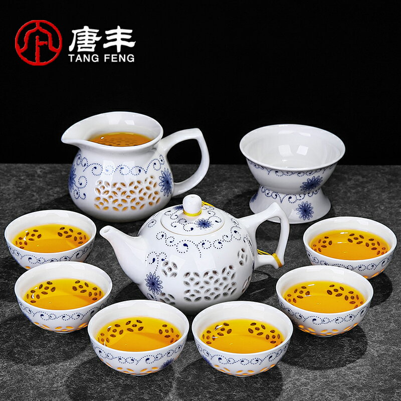 唐豐手繪茶具套裝家用小套喝茶功夫茶杯青花瓷蓋碗泡茶茶壺干泡盤