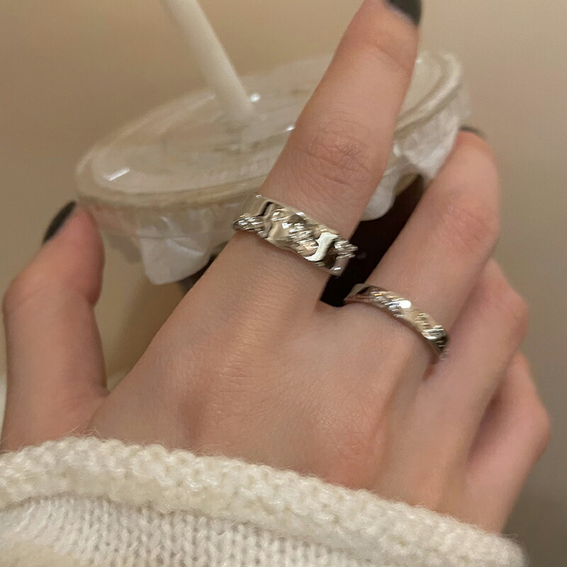 銀色素圈開口戒指女秋冬輕奢小眾設計高級感冷淡風情侶個性食指戒
