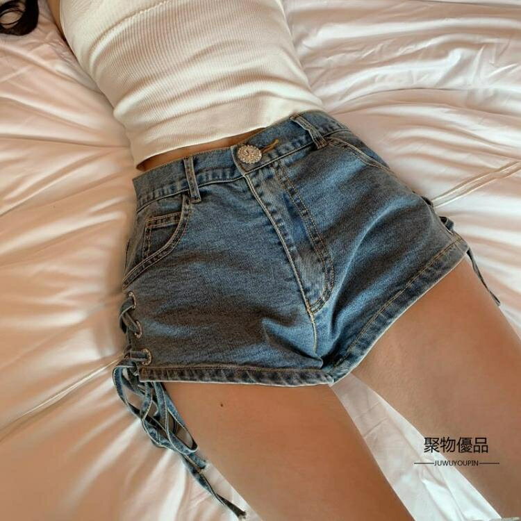 女生牛仔褲推薦，女生牛仔褲推薦-高腰牛仔褲推薦到牛仔褲女裝高腰綁帶熱褲夏季闊腿超短褲性感褲子【聚物優品】