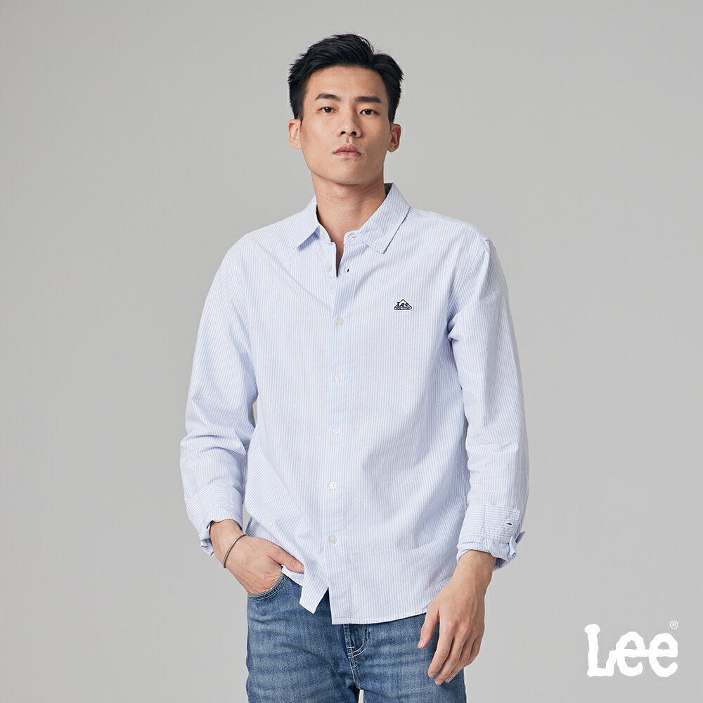 Lee 男款 寬鬆版 胸前三角小LOGO 直條紋長袖休閒襯衫 | Modern