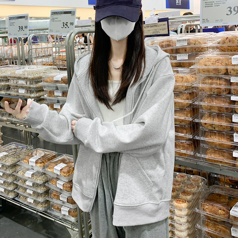 外套 女裝 休閒外套 時尚外套 衛衣女美式連帽加絨休閒運動外套秋季百搭寬鬆長袖小個子開衫上衣 2