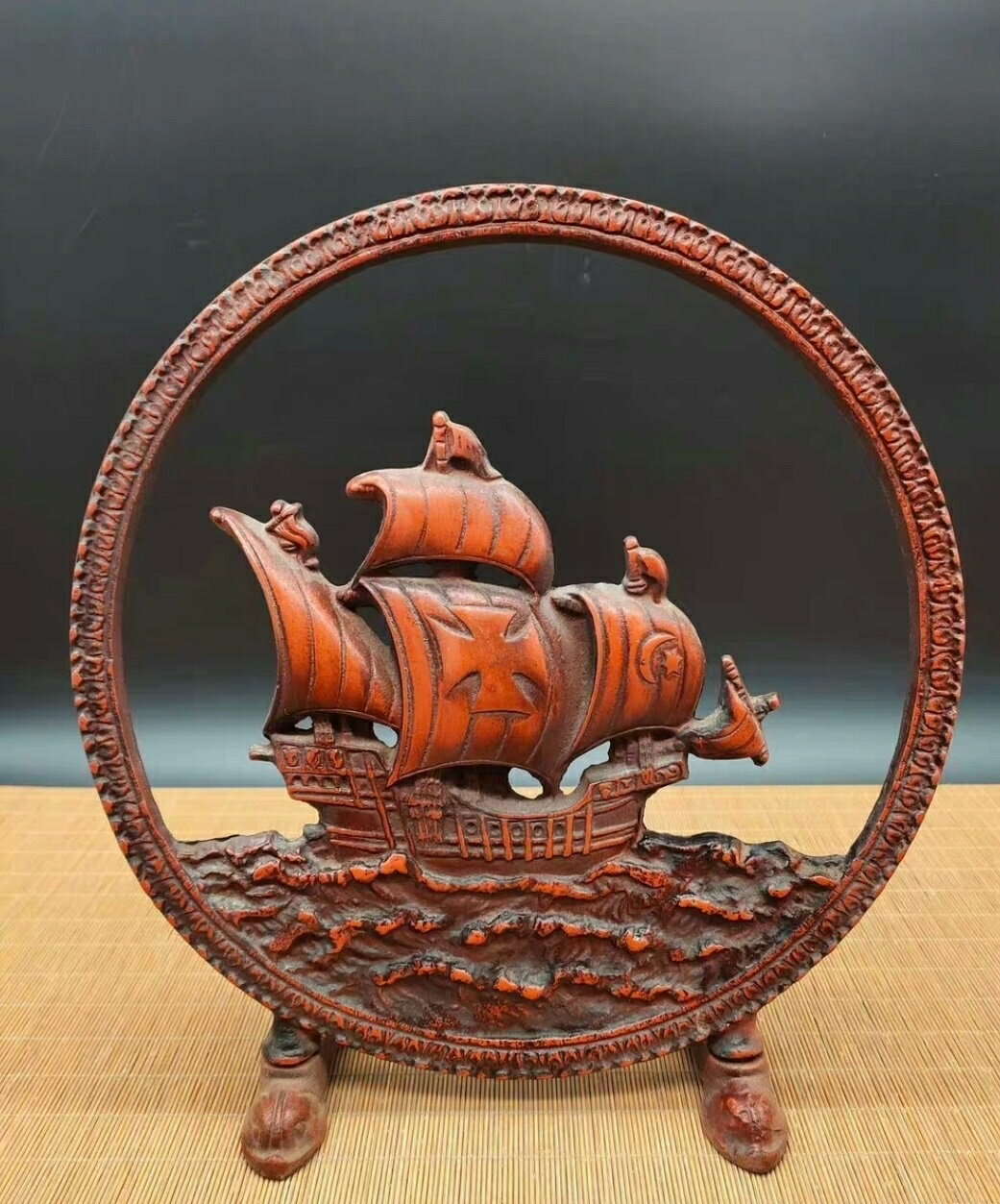 日本舶來品 鐵制 一帆風順 藝術擺飾重4斤多