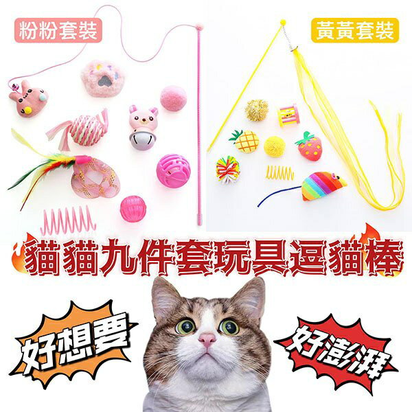 『台灣x現貨秒出』貓貓九件套玩具逗貓棒 貓咪玩具 寵物玩具 逗貓玩具 自嗨玩具 鈴鐺玩具 貓玩具