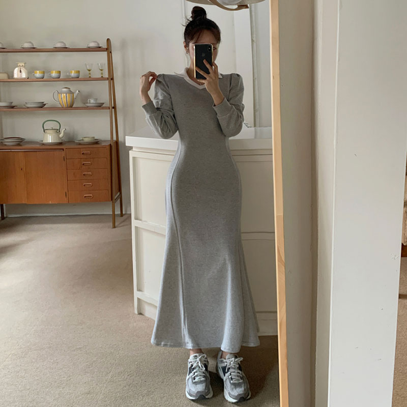 ANNAS 正韓 POLO領魚尾洋裝 顯腰身洋裝 長袖連身裙 長洋 長裙 長洋裝 襯衫 顯瘦 縮腰 文青 V領 韓國 4