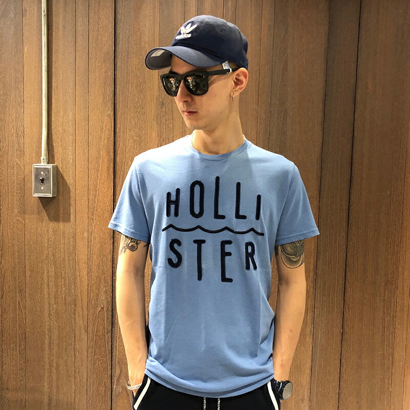 美國百分百【Hollister Co.】T恤 HCO 短袖 T-shirt 海鷗 logo 文字 天藍色 M號 AH53