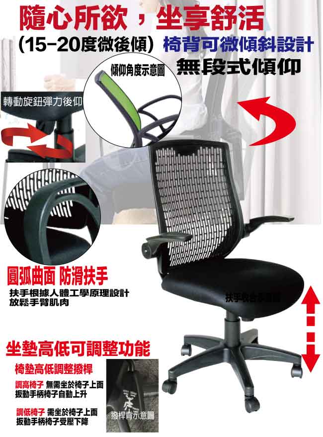 【綠家居】印第安多孔透氣中背主管椅/辦公椅(椅背可彈力後仰＆坐墊高度調整) 3