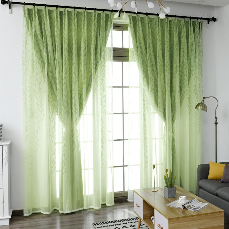 網紅裝飾ins布紗一體雙層窗簾成品全遮光現代簡約臥室客廳綠色紗