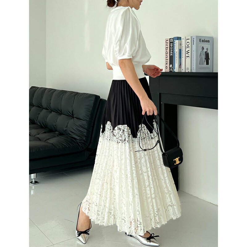 ANNAS 正韓拼接蕾絲百褶裙 百折裙 黑白撞色長裙 韓國裙子 精緻重工設計感 婚禮穿搭 4