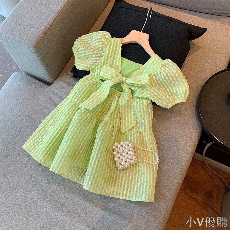 女童夏裝裙子兒童2023新款露背蝴蝶結公主裙寶寶洋氣泡泡袖連衣裙