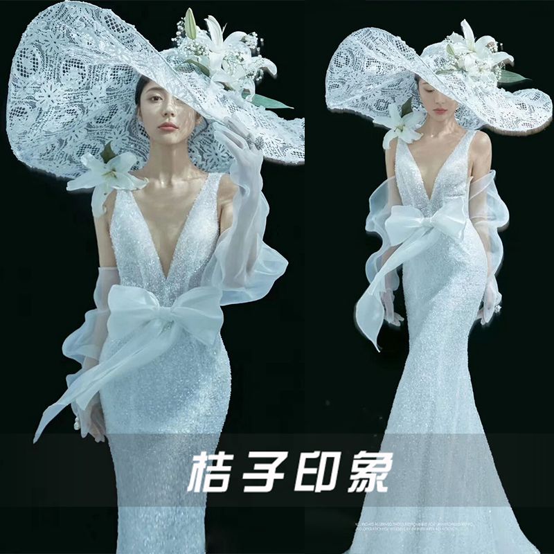 影樓拍照婚紗工作室攝影主題服裝情侶修身魚尾禮服深V領寫真女裝