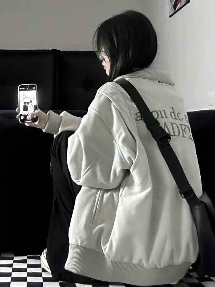 美式復古oversize夾克外套女秋冬季夾棉加厚新款設計感棒球服
