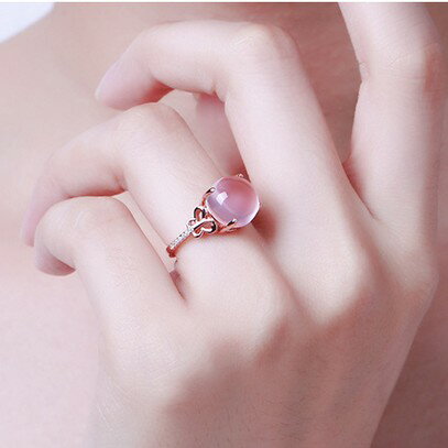 韓國版芙蓉石粉水晶戒指環玫瑰金女日韓版食指個性開口學生手飾品