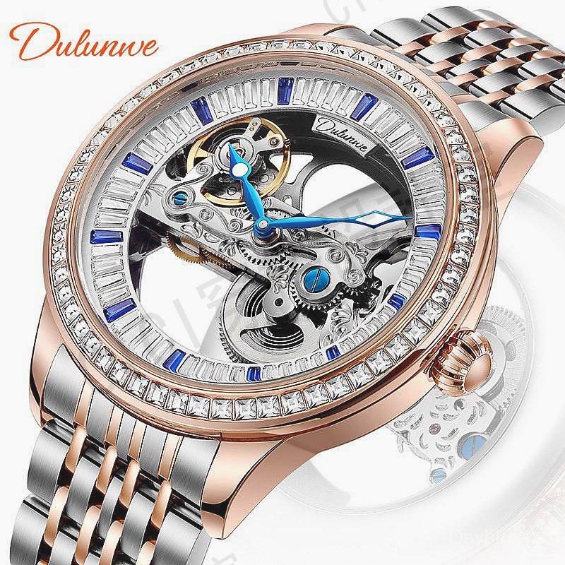 dulunwe 手錶 專櫃正品 6046 新款鏤空潮流全自動機械錶 時尚防水機械錶奢華鋯石 男表【亞德機械五金家居】