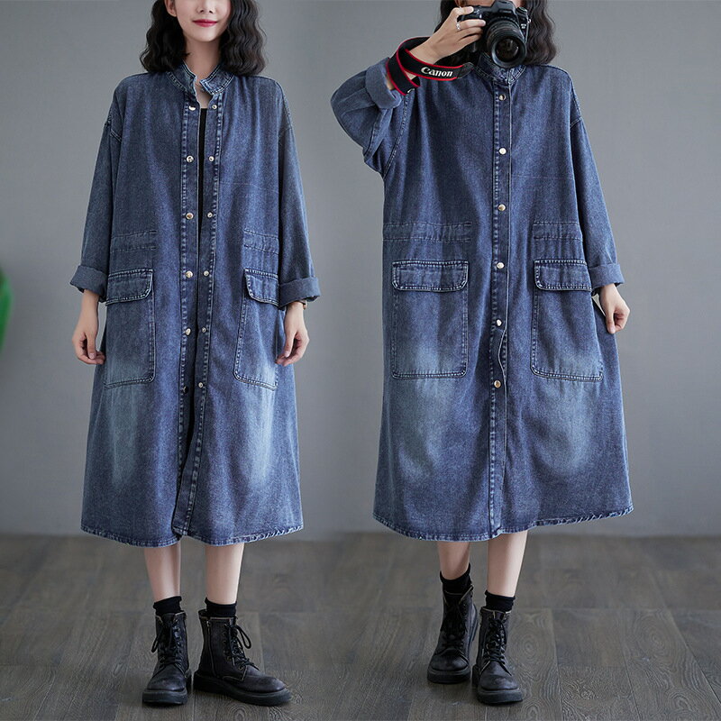 【巴黎精品】牛仔外套丹寧夾克-寬鬆襯衫大口袋長版女外套a1jc76