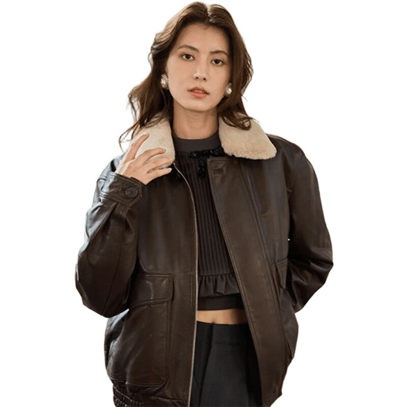 【紐約精品】 現貨+預購 真羊皮羊毛領皮衣秋冬外套寬鬆休閒女裝-可卸毛領短款女外套2色n1ml46